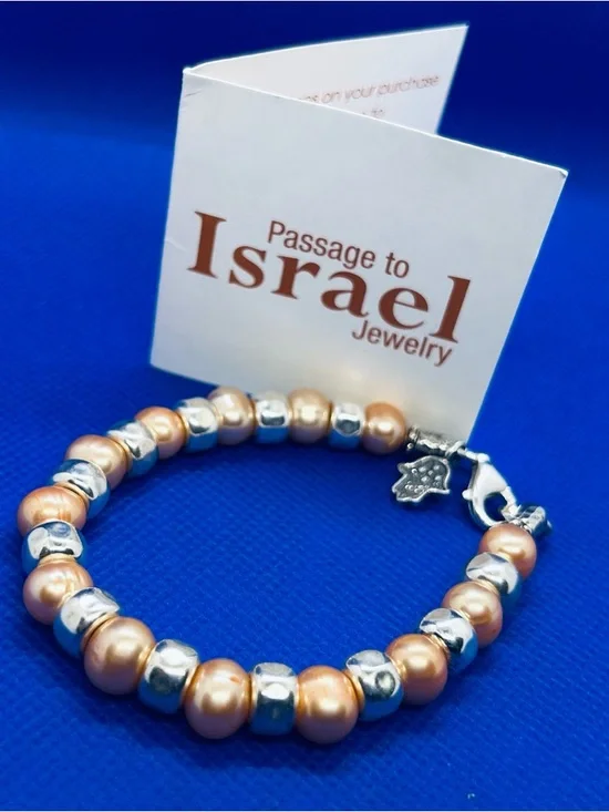 Sterling Silver Hamsa Peach Pearl Bracelet by Passage to Israel - Picture 7 of 7